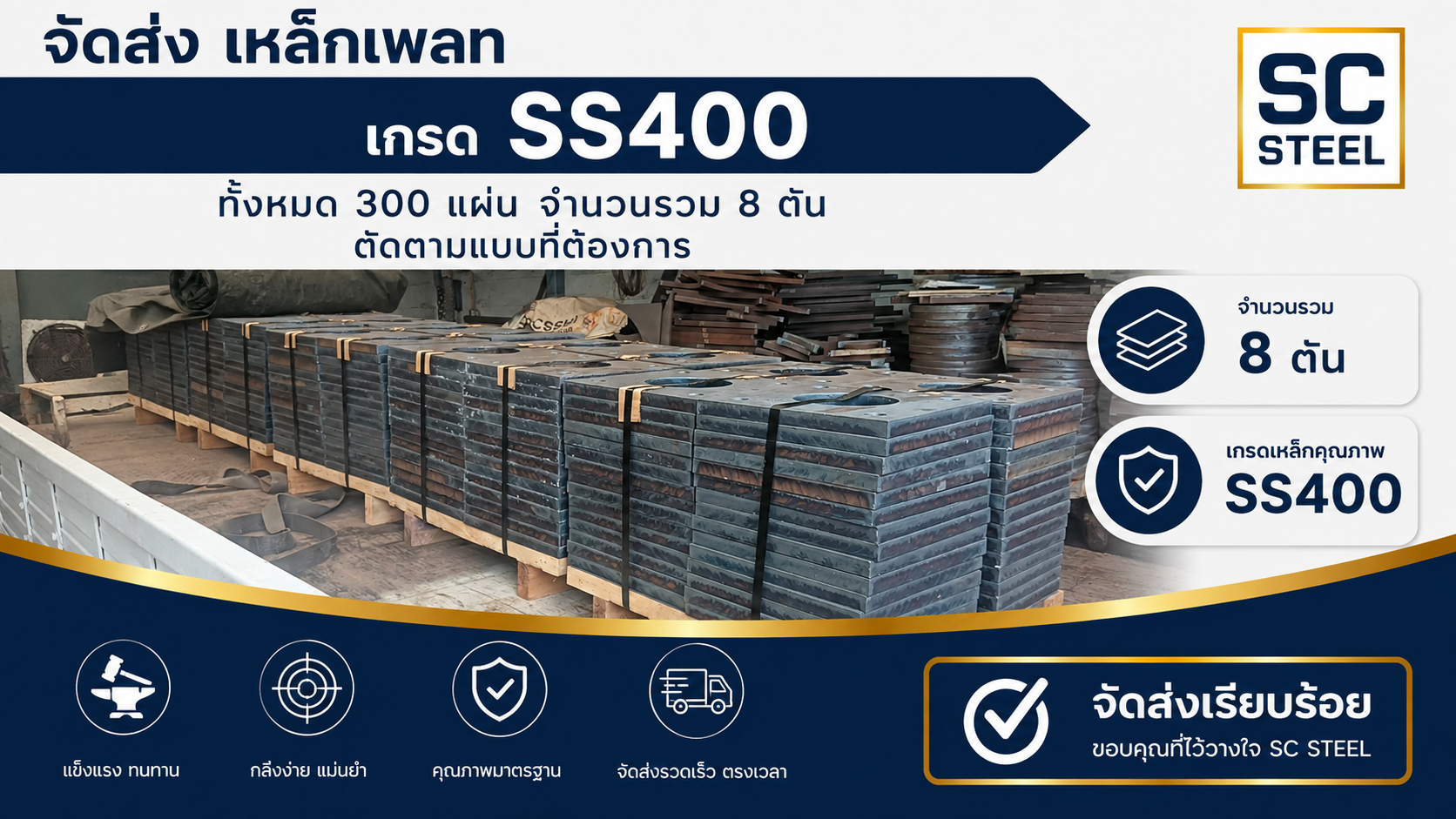 ผลงาน: จัดส่งเหล็กเพลท เกรด SS400 300 แผ่น 8 ตัน ตัดตามแบบ - SC STEEL - Sermchai Steel